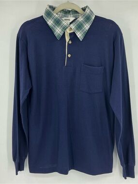 Vintage Montgomery Ward Navy Rugby Shirt Green Plaid Collar